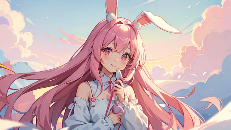 beautiful illustrations, highest quality, pretty girl, pastel colour, fluffy rabbit ears, , pink long hair, rabbit stuffed, bright lighting, pale pink eyes,refreshing morning sky,smile,white clothes