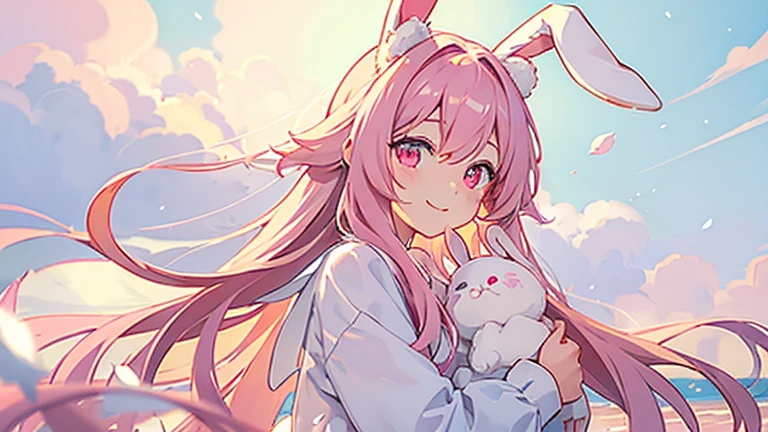 beautiful illustrations, highest quality, pretty girl, pastel colour, fluffy rabbit ears, , pink long hair, rabbit stuffed, bright lighting, pale pink eyes,refreshing morning sky,smile,white clothes