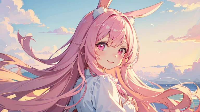 beautiful illustrations, highest quality, pretty girl, pastel colour, fluffy rabbit ears, , pink long hair, rabbit stuffed, bright lighting, pale pink eyes,refreshing morning sky,smile,white clothes