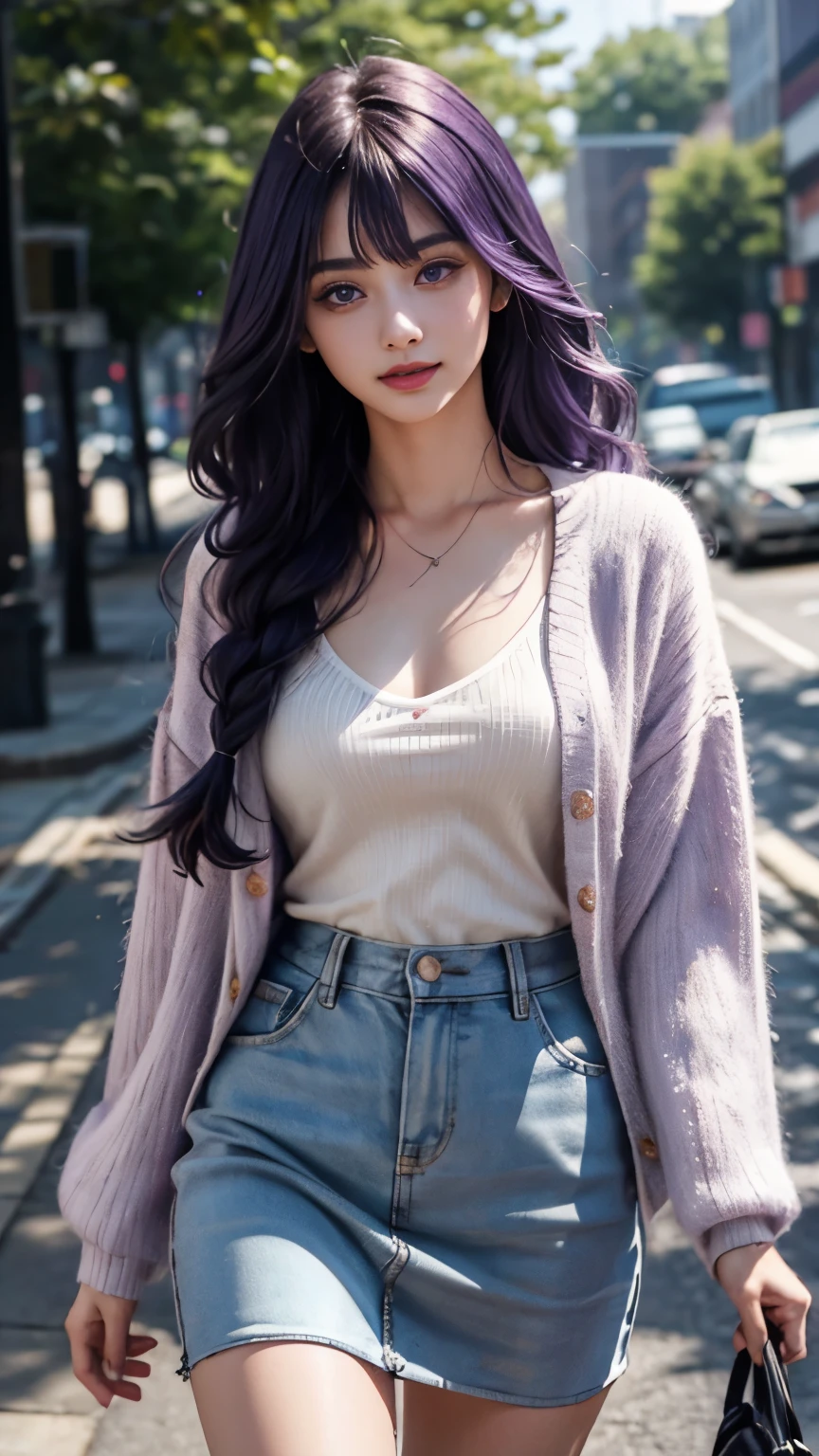 (8k、RAW photography、Top image quality、masterpiece:1.2)、Super detailed、ultra high definition、(Realistic、Realistic照片:1.37)、photograph、HD RAW color photography、Professional photography、Meticulous and exquisite、Highly detailed restoration、8k wallpaper、Amazingly detailed、Huge file size、official art、Highly detailed CG Unity 8k wallpaper、High detailed beauty、Super detailed face、Extremely detailed purple eyes、purple eyes、Highly detailed skin、Extremely detailed fingers、Highly detailed nose、extremely detailed mouth、perfect anatomy、high detailed background、high detail clothing、1 girl、(18:1.2)、teenager、cutes、famous japanese idol、Cute guy、Realistic figure、petite、de pele branca、sparkling skin、slim figure、Handsome figure、purple hair、thick braid、long hair、(Bangs:1.2)、Smile、kawaii、Zola々right、kawaii面孔、lifelike face、exquisite eyes、Sauce、Skirt quilt、ear nipple ring、looking into camera、cowboy shots、front、stand、Contrapo、High Street、public、dynamic lighting