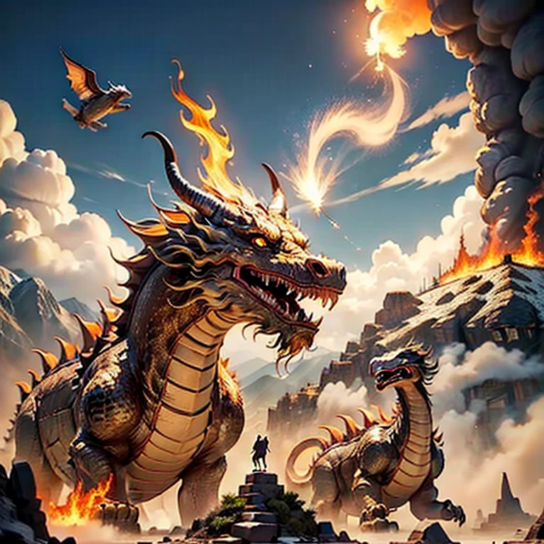 Flying fire-breathing three-headed dinosaur dinosaur ! Every head breathes fire . like a flamethrower ! Majestic mountains and the ancient city in the valley . A three-headed dragon-dinosaur flies towards the city . spitting out incinerating fire from each of those heads . Top quality fantasy work !