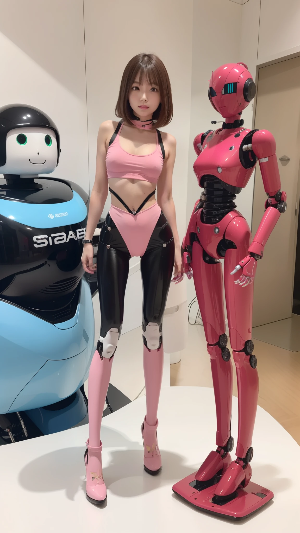 masterpiece, best quality, extremely detailed, (8K, 4K, Best Quality, Hight resolution, 超A high resolution:1.1), 8K portrait,1girl in, Japanese android girl, android teacher, control panels, android, Droid, Mechanical Hand, ,Robot arms and legs, Black hair, Mechanical body, Blunt bangs, Pink Robotics Parts, perfect robot woman, Charging spot, Long Tube, A thick cable was connected to her neck, ceramic body , android, robot humanoid, panty, full eyes, perfect mechanical body, pink robotics body, future assembly plant, Pink body, She has repaired, lack sponge joints, android assembly plant, android, laboratory, platform boots, perfect machine body, pink robot body