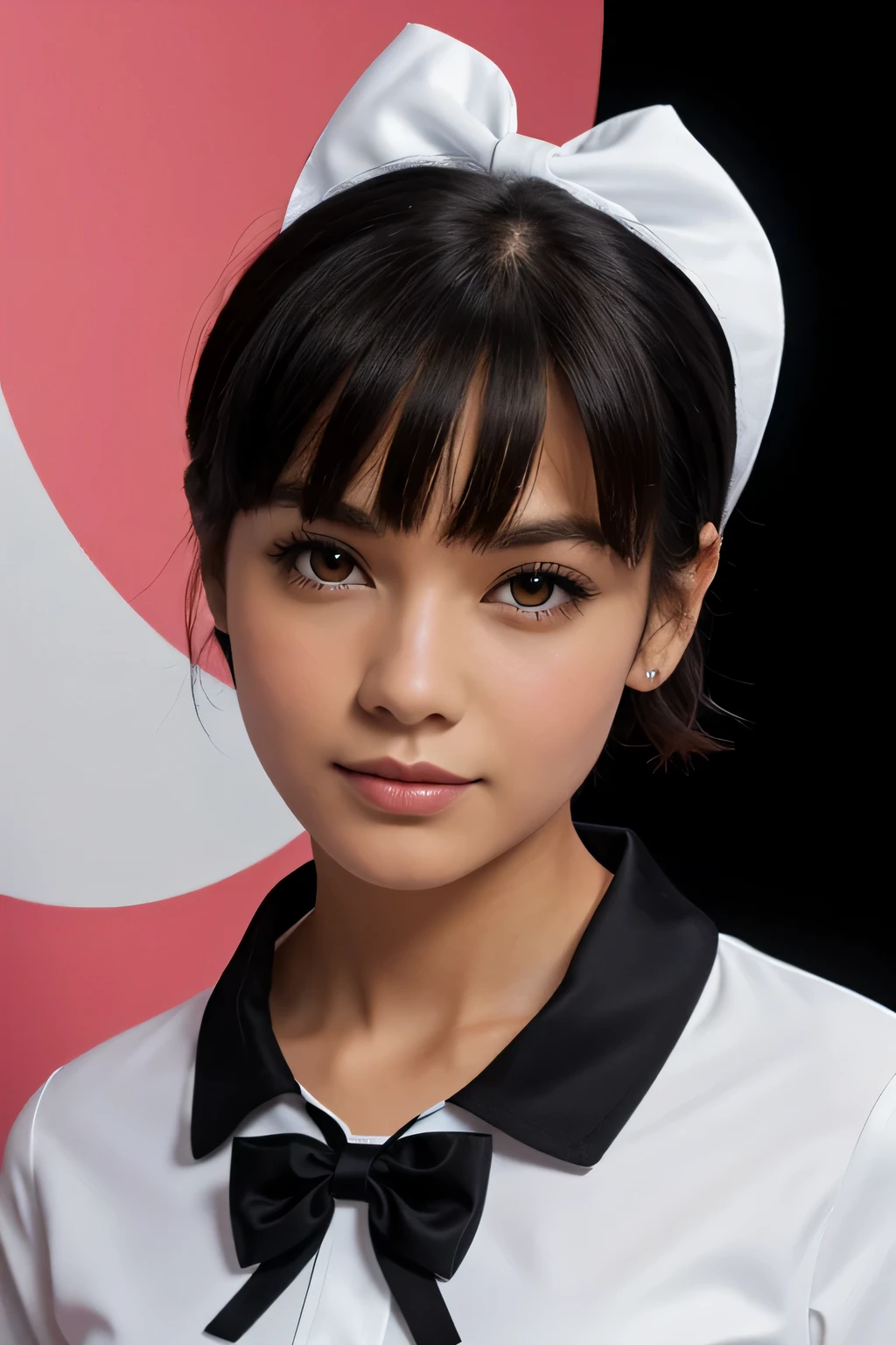 ski style, 1 girl, alone, black hair, black eye, looking at the viewer, mole, bangs, short hair, bow, sailor collar, simple background, white sailor collar, mole under mouth, hair bow, pink bow, closed mouth, shirt, white shirt, bob cut, gray background, portrait, detached wings, compensate, Upper body, (Outer space background)