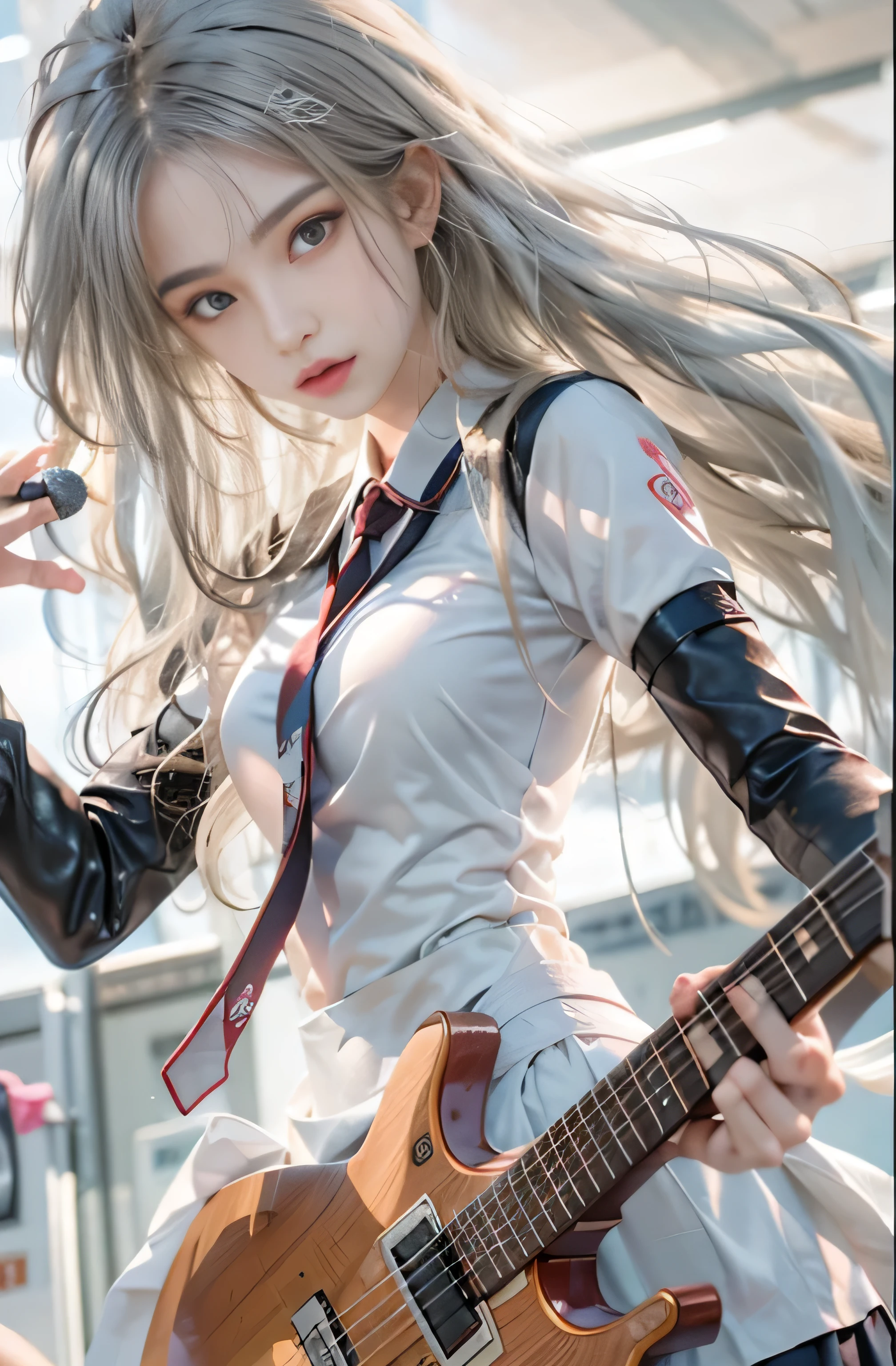 realistic, High resolution, 1 female, alone, hip up, look at viewer, (detailed face), gray hair, long hair, medium breasts, japanese school uniform, I'm playing guitar