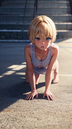 back view,highly detailed images, 8K quality, european junior high school girl, beautiful girl, blonde, short hair, small breasts, beautiful feet,slimming, blush, Outside the athletics stadium, crawl on all fours, Butt is the main character,stick out your butt, Open your mouth wide and stick your tongue out, white skin, A frustrated look on his face, looking at the camera, My whole body is covered in sweat,white tank top,raise one&#39;s hips