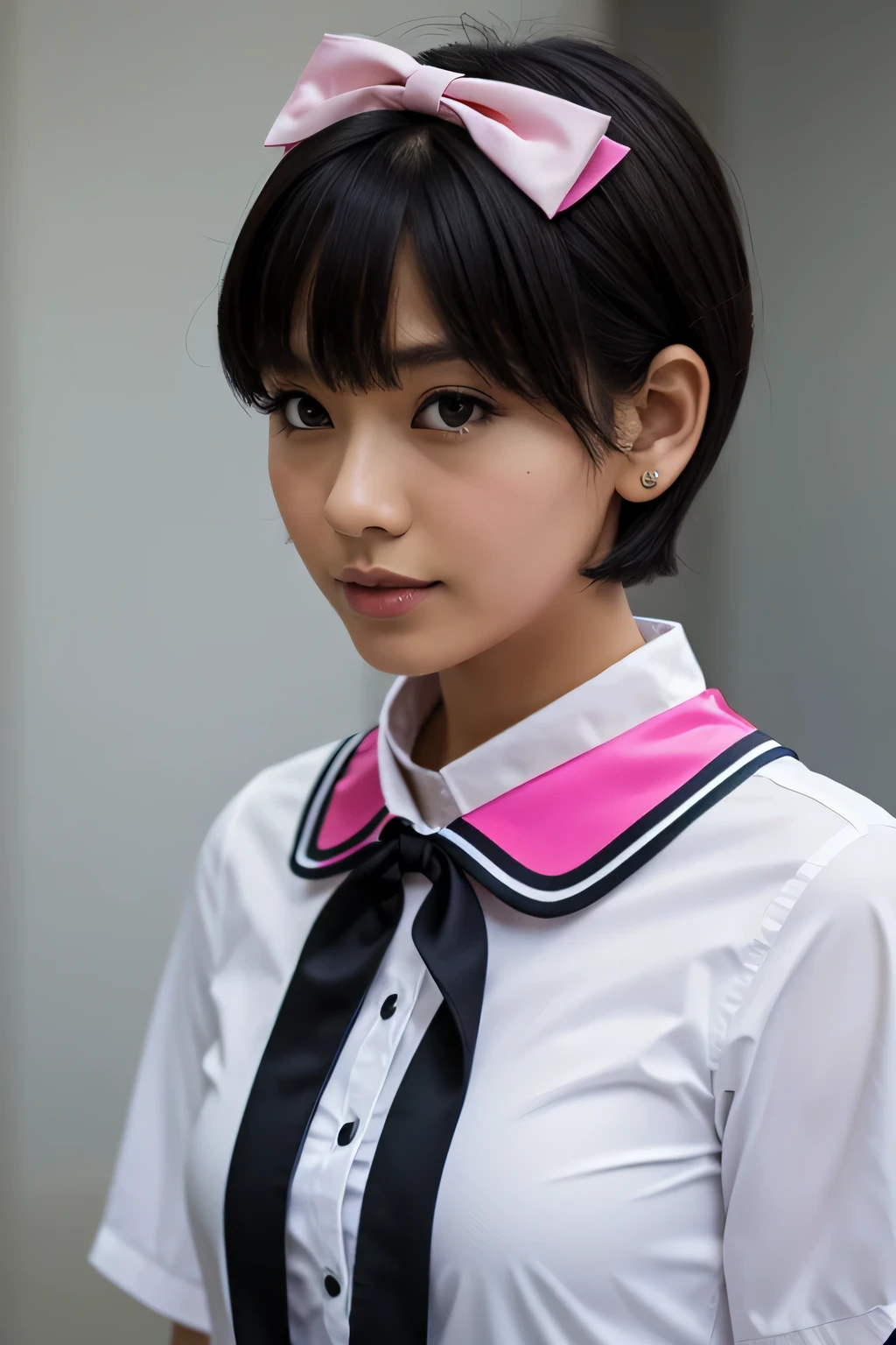 ski style, 1 girl, alone, black hair, black eye, looking at the viewer, mole, bangs, short hair, bow, sailor collar, simple background, white sailor collar, mole under mouth, hair bow, pink bow, closed mouth, shirt, white shirt, bob cut, gray background, portrait, detached wings, compensate, Upper body, (Outer space background)