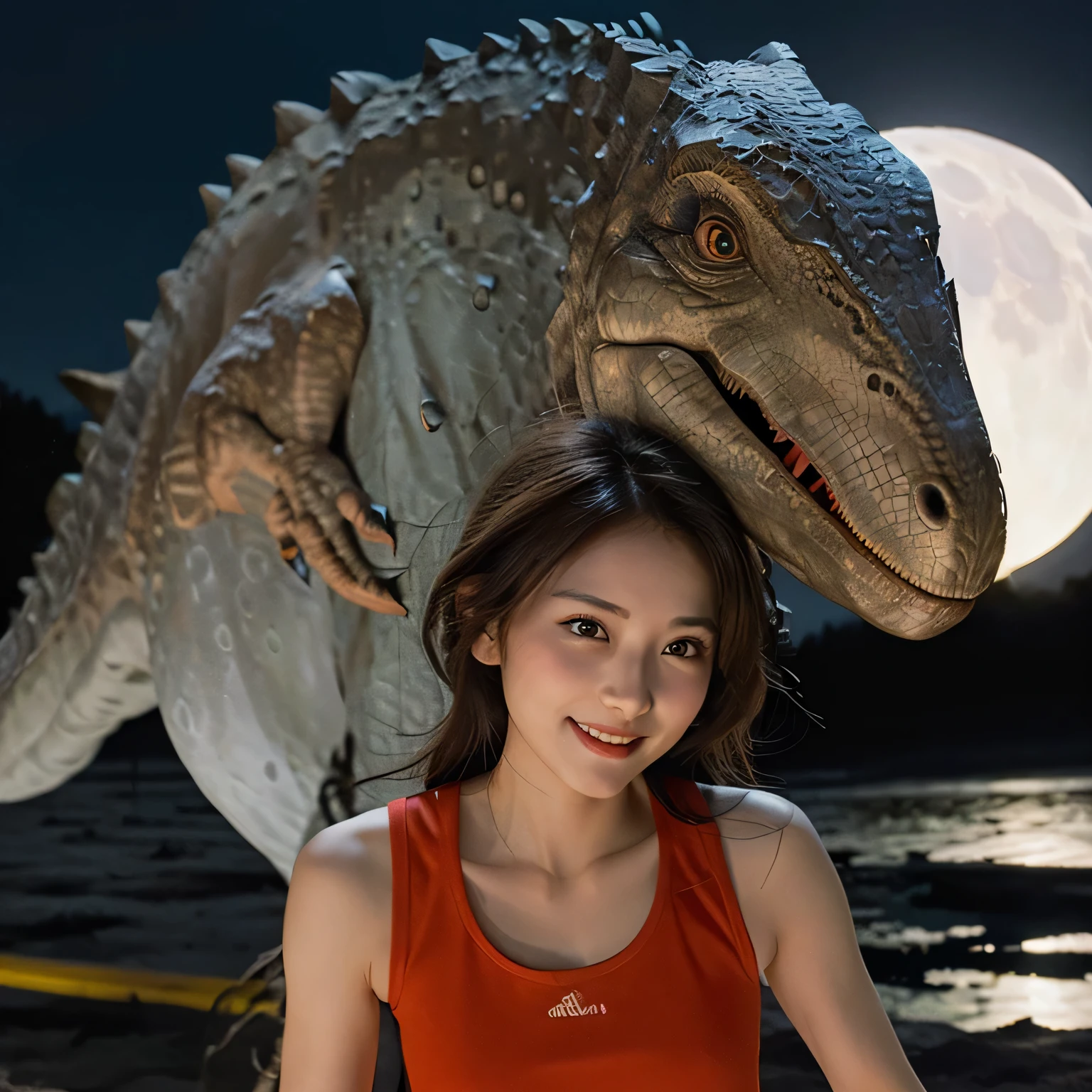 (Girl and dinosaurs on the moon:1.5) ,(landing on the moon:1.2),(dinosaurs:1.2),original photography,(ultimate beauty portrait、sparkling skin、1 girl、Smile、8k wallpaper, Perfect dynamic composition, Beautiful and delicate eyes,full body photography，show your whole body、mini skirt,thin and transparent、bright expression、standing、from below、8 kood、digital SLR、soft light、high quality、film grain、富士XT3 、shallow view deep、natural soft light、Kamimei,under skirt、from below看内衣的特写、brown hair、Big eyes sparkling like gems、 korean idol,Bold sexy pose,Smile,Harajuku、20 year old girl、huge :1.5、Look at the sexy shots of the camera)，Dovima and the Elephant