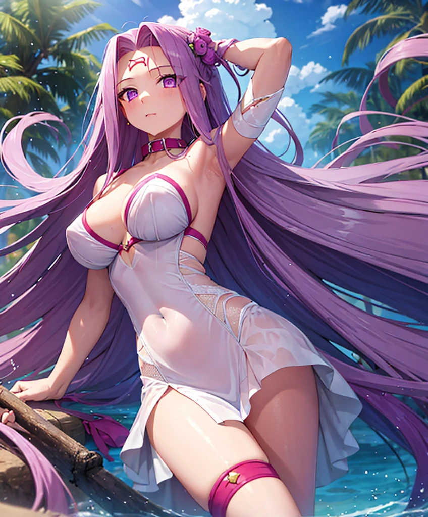 1girl, best quality, masterpiece, high resolution, solo, {white dress:1.40}, {short dress:1.20}, {medusa_fgo:1.15}, long_hair, purple_hair, very_long_hair, purple_eyes, breasts, big_breasts