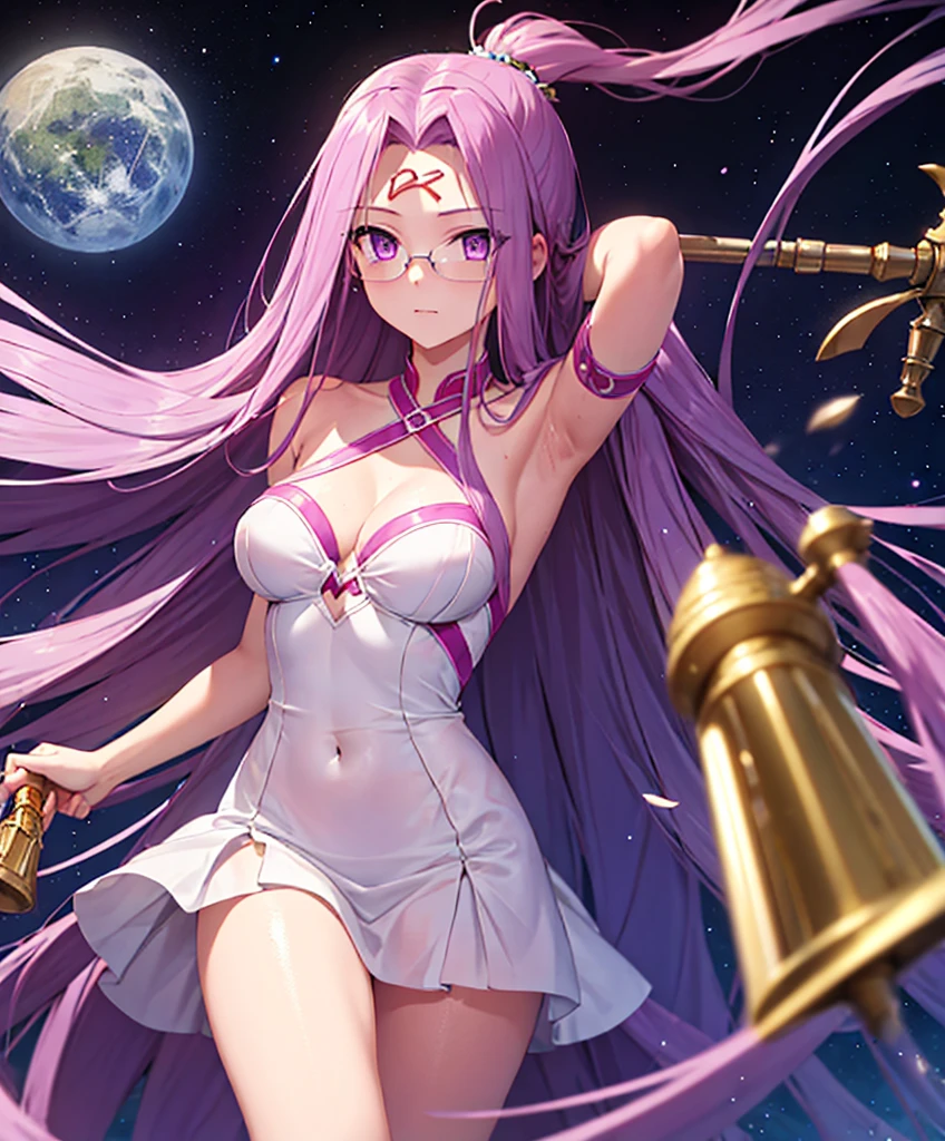 1girl, best quality, masterpiece, high resolution, solo, {white dress:1.40}, {short dress:1.20}, {medusa_fgo:1.15}, long_hair, purple_hair, very_long_hair, purple_eyes, breasts, big_breasts