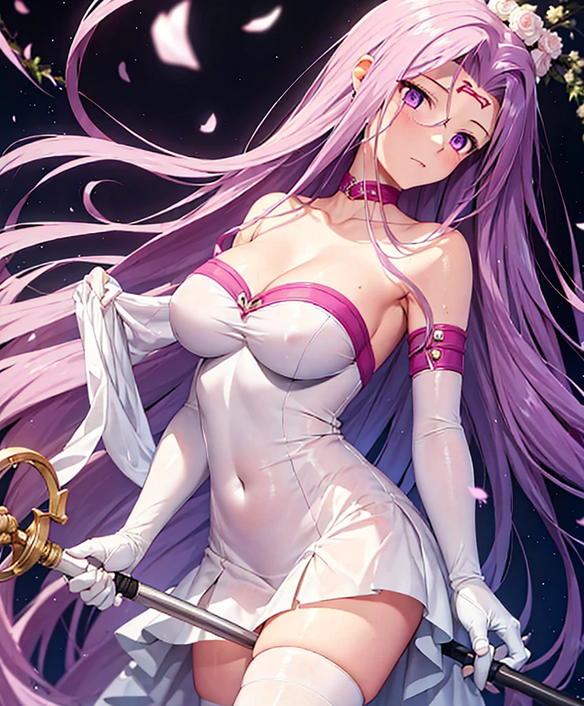 1girl, best quality, masterpiece, high resolution, solo, {white dress:1.40}, {short dress:1.20}, {medusa_fgo:1.15}, long_hair, purple_hair, very_long_hair, purple_eyes, breasts, big_breasts