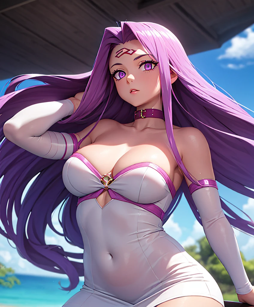 1girl, best quality, masterpiece, high resolution, solo, {white dress:1.40}, {short dress:1.20}, {medusa_fgo:1.15}, long_hair, purple_hair, very_long_hair, purple_eyes, , big_breasts