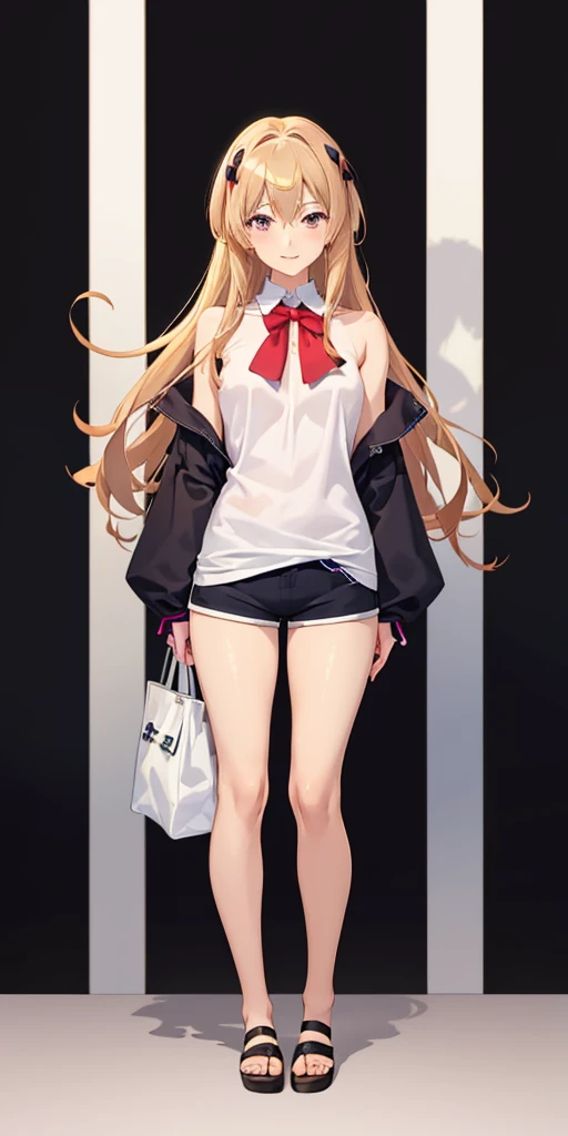 a woman in a white shirt and shorts with a bow, ecchi anime style, full body!!, gapmoe yandere, asuka suit under clothes!, full body portrait of a short!, rei hiroe, anime full body illustration, ( ( misa amane # ) ), full_body!!, full body picture, anime girl named lucy, anime best girl