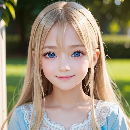shiny skin、 Very cute and beautiful face、Very shiny and beautiful skin、Very beautiful and cute sexy pale blue eyes、beautiful very long shiny silky blonde hair、10 years old little very beautiful cute girl、Beautiful cute bright look、Clear double eyelids、((Very happy smile))