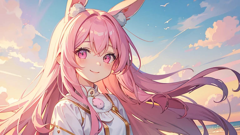 beautiful illustrations, highest quality, pretty girl, fluffy rabbit ears, , pink long hair, rabbit stuffed, bright lighting, pale pink eyes,refreshing morning sky,smile,white clothes