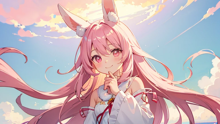 beautiful illustrations, highest quality, pretty girl, fluffy rabbit ears, , pink long hair, rabbit stuffed, bright lighting, pale pink eyes,refreshing morning sky,smile,white clothes