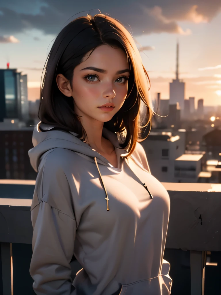 (((HD photo))), ultra high res.photorealistic:. 1.4, UHD, masterpiece, trending on artstation, upper body shot, pretty, cute girl, most beautiful in the world, soft, delicate, long dark hair, slim body, large breasts, wearing grey hoodie, sunkissed, sunset city background