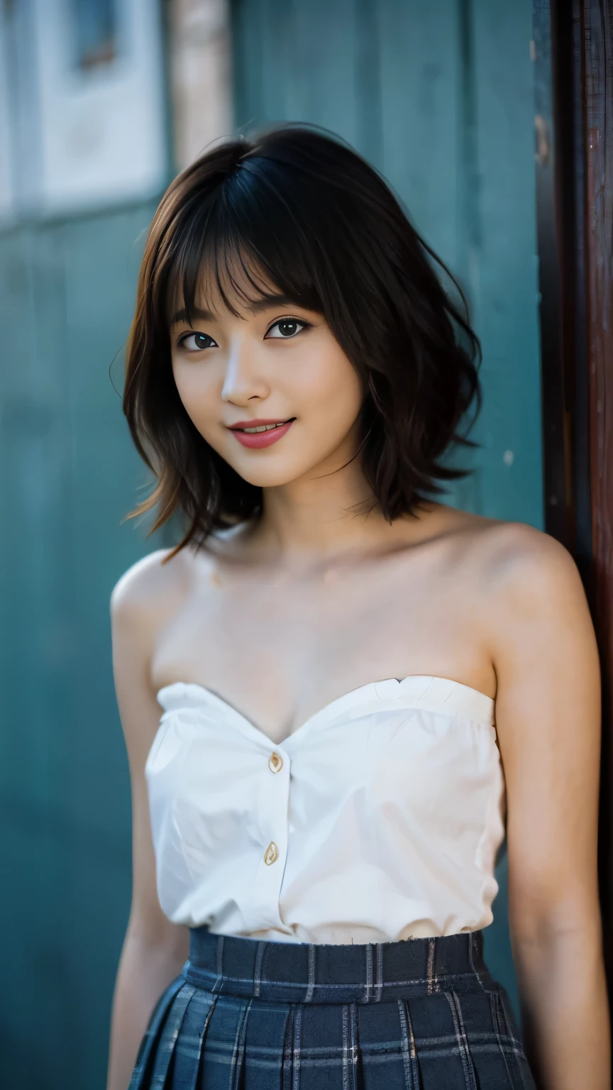face and body facing towards the viewer、(Plaid(pleated mini skirt))、Plump high school girl、((Pure White)sleeveless shoulder strapless silk shirt)、Cute 18 years old、(Violent、Highest image quality)、Ultra high definition illustration、1 girl、(Plump:1.0)、wavy hair、apricot colored hair、short bob hair、pin the bangs back、Glossy skin、(Glitter pupil:1.2)、blue eyes、(make:1.0)、(lips:1.1)、(cowboy shot:1.2)、cute smile、(body facing towards the viewer)、(cleavage、Navel exposure)、2 people recovered