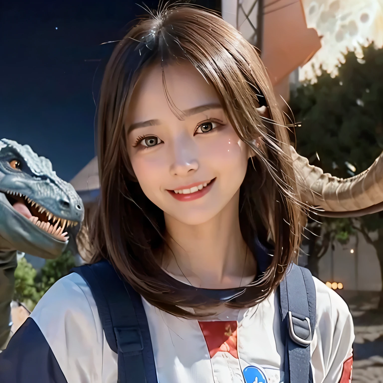 (Girl is chased by dinosaurs on the moon:1.5) ,(landing on the moon:1.2),(dinosaurs:1.2),original photography,(ultimate beauty portrait、sparkling skin、1 girl、Smile、bright expression、brown hair、Big eyes sparkling like gems、Harajuku、24 year old beautiful girl),space suit,Flag of China ,Very detailed
