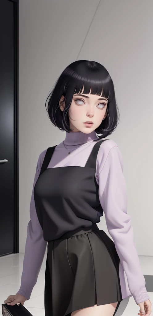 { - anatomy error} (Masterpiece - Ultra-detailed, very high resolution) , absurdos, Hinata\(Boruto\), 1girl, sozinho,Mature female, Capuz roxo,mangas em camadas, black skirt, ao ar livre, Cloudy sky, perfect composition, circunstanciado lips, peito grande, beautiful face, body propotion, corar, (pink lips), cabelos pretos curto (black hair), lilac eyes, olhar suave, super realistic, circunstanciado, rosto e corpo realistas, Realistic hair, olhos realistas, nariz realista, realistic lips, walking on the floor, with black shoes
