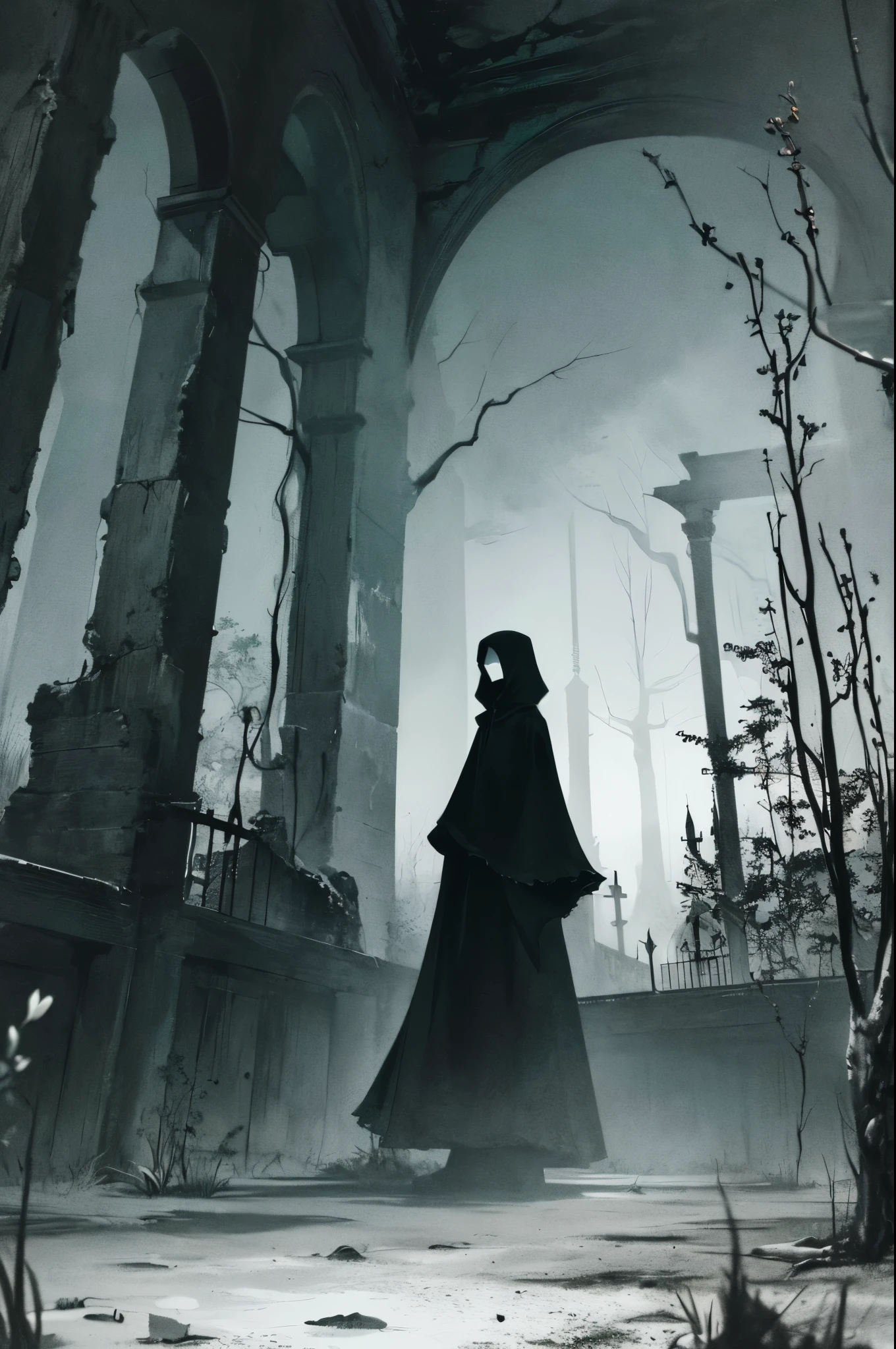 In the stillness of the night, a mysterious and haunting place unfolds before you. Old, abandoned buildings with crumbling architecture bear witness to the passing of time. Thick fog and mysterious mist cling to the ground, creating a creepy atmosphere as dark shadows lurk in every corner. A lonely figure stands in the center, figuring lurking in the background, adding to the eerie silence that blankets the area. Weird whispers accompany odd, ominous feelings that leaves a tingling sense of fear and curiosity.
The scene is set under the pale moonlight, which casts an eerily beautiful glow over the landscape. Haunting music playing in the distance adds to the overall haunted amb