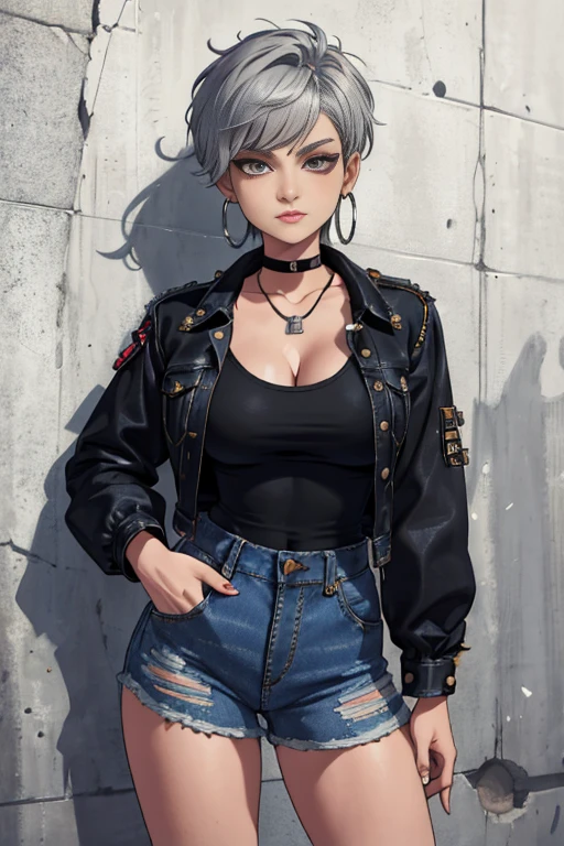 masterpiece, best quality, 1girl, solo, looking at viewer, <lora:sugar-nikke-richy-v1:1> sugar \(nikke\), white shirt, leather jacket, leather pants, armband