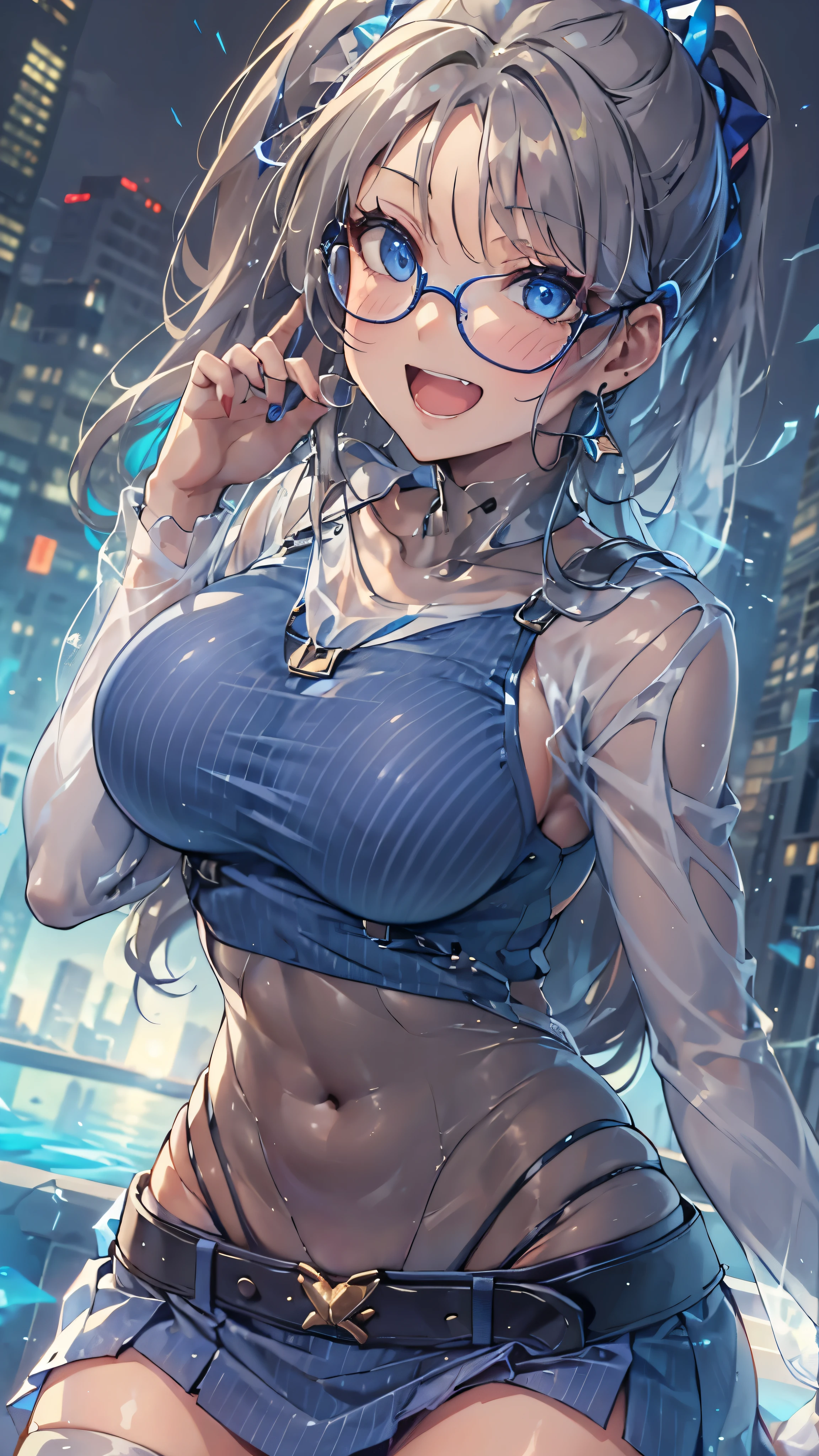 woman,,,city,night,(((white and blue tight miniskirt bodysuit))),,open mouth smile((See-through))Glasses,((Beautiful long ponytail)),((baby girl bohape))