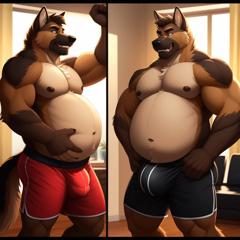 Male, solo, anthro, German Shepard, older male, confused expression, perplexed expression, brown fur, living room, (tight gym shorts), young to older, before and after, fatfur, skinny to fat, weight gain sequence, transformation, fit to fat, muscular to overweight, detailed lighting, brown chest tuft, ruffled fur, musclegut, belly, focus on belly, belly grab, weight gain, muscular arms attractive, (detailed bulge, detailed genitals), (bare chest), (detailed genital outline), (tenting (shorts)), (outstretched (shorts)), snout, long snout, teeth, perfect eyes, mature male, father figure, dilf, daddy, fangs, wide waist, broad shoulders, strong thighs, white teeth, detailed hands, massive bulge, bulge, detailed crotch, (detailed bulge outline), dramatic lighting, standing, (detailed erection under clothing (shorts)) 