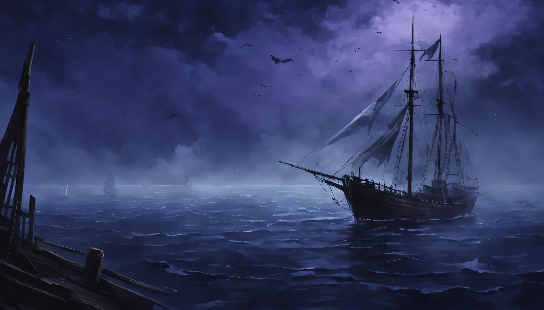 Create a strange sailing ship,in the dark sea,There is purple smoke and fog around,Nautical theme,dark style,damaged sailing ship,tattered sail,Skeleton Sailboat,Broken planks,no humans,The sea surface glows with a faint blue light,ghostly mist
