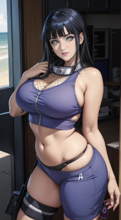 Hinata Hyuga usando roupas curtas, Bunda Grande, pernas grossas, Funkeira, Brasileira, extremamente sexy, rebolando, dancing funk, short curto, mostrando metade da bunda, bunda Grande, pernas grossas, cabelos longos, Nike Air Jordan sneakers, idade entre 18 a 20 anos, volkswagen Saveiro no fundo, com som ligado, alto falantes, in the city of Balneário Camboriú in Brazil