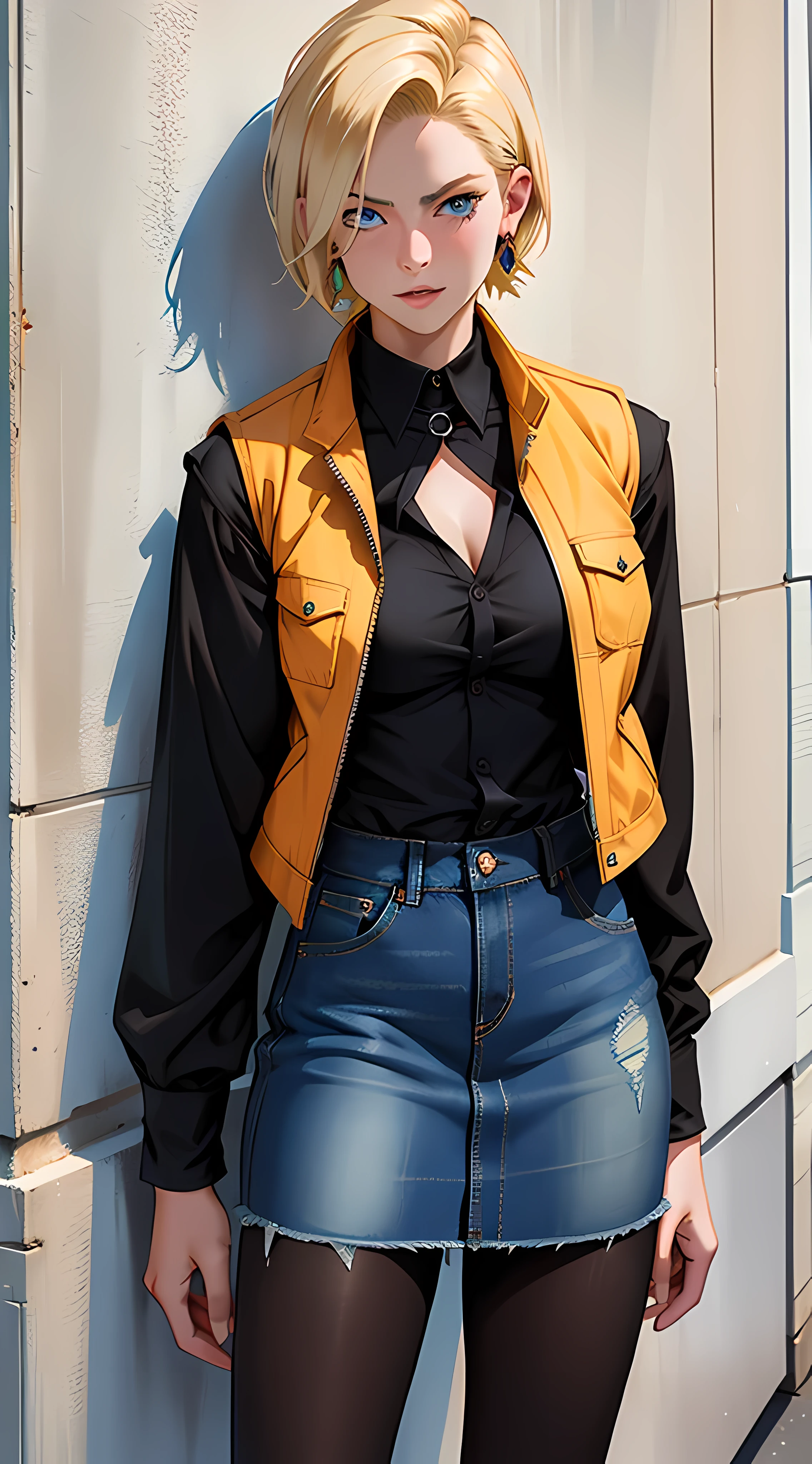best quality, highres, and18, 1girl, android 18, solo, blonde hair, blue eyes, short hair, earrings, jewelry, denim vest, open vest, black pantyhose, black shirt, denim skirt, striped long sleeves, blue skirt, large breasts, cowboy shot, street,