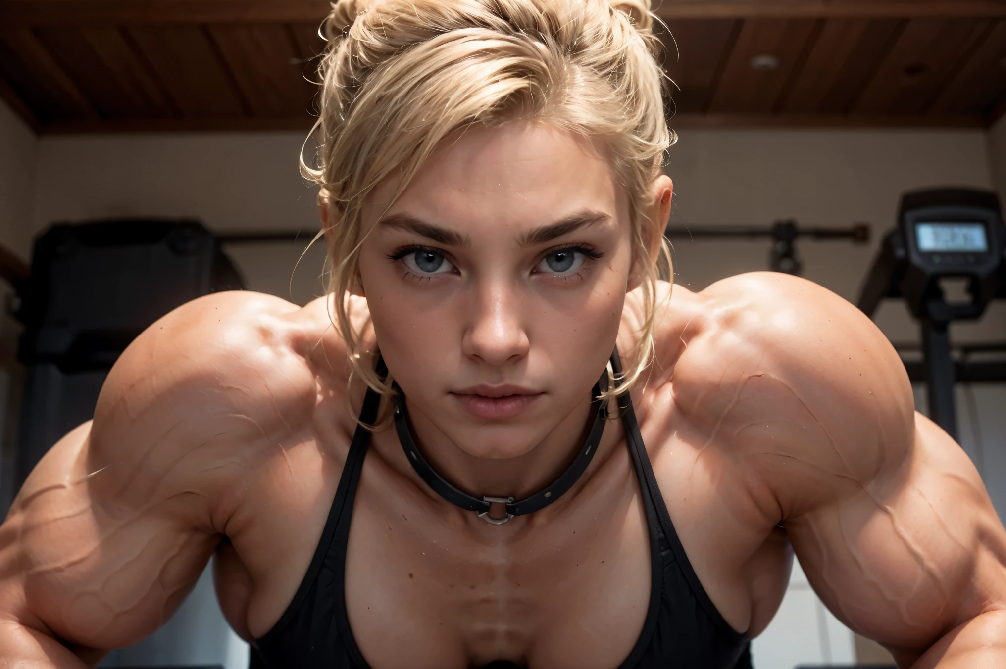 (Muscular:1.1), blonde female, bokeh, (freckles:0.8), upper body view, bokeh, detailed eyes, (athletic body:1.0), (muscular body:1.3), (looking at viewer) (Bulky:1.1), (swaggy), dark studio, rim lighting, two tone lighting, dimly lit, low key (DETAILED SKIN), very excited, sexual, in a gym, collar, large breasts, tight white shirt, hardened nipples, oiled skin, savage display of strength, pony tail hair style, so strong