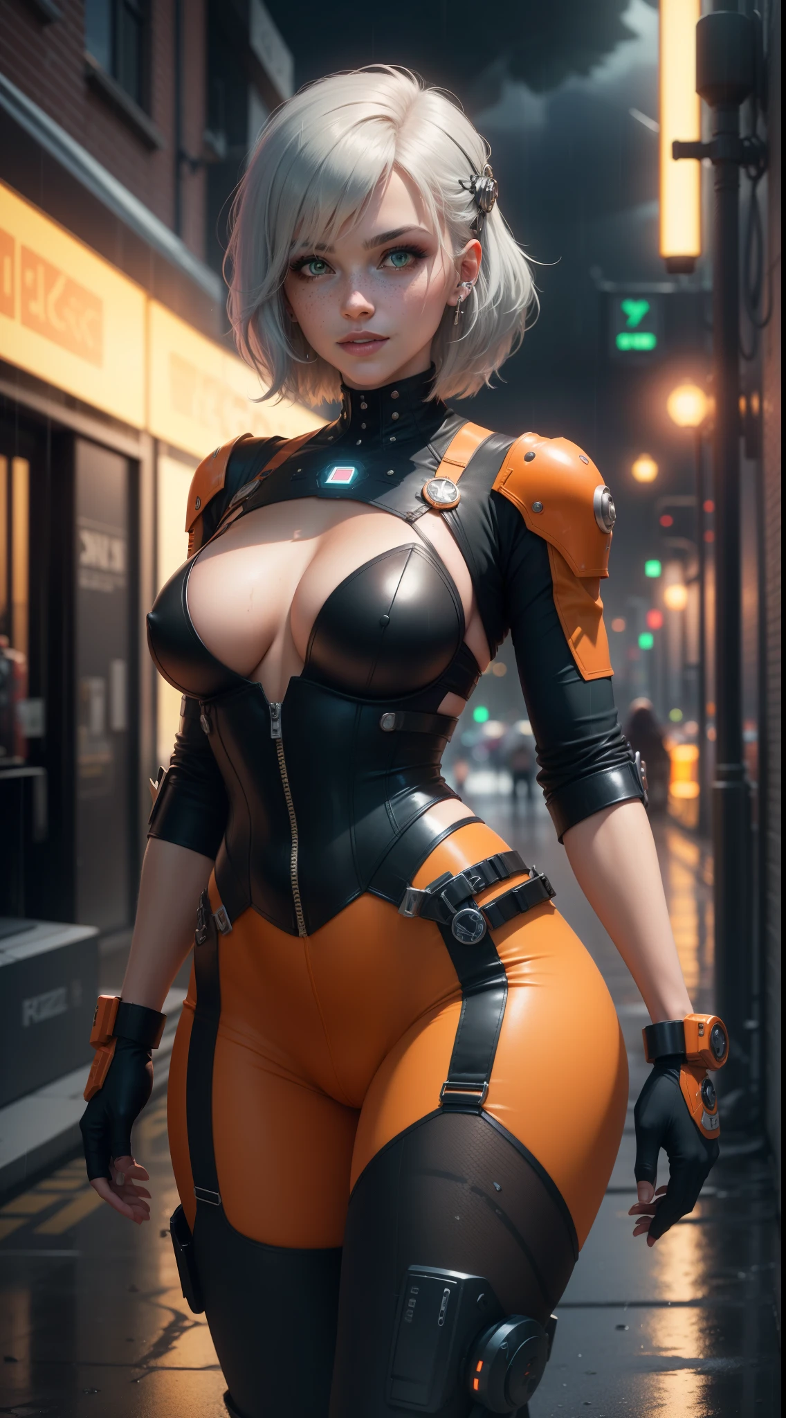 gwen tennyson,yorha 2b,mara jade,mordred, samus aran,overwatch,atelier ryza,close up, space port,glowing tattoos,orange and pink space plugsuit,red short sleeve space top,short sleeve space pilot jacket,space cyberpunk armor,harness corset,orange cargo lycra leggings,short hair,punk makeup,green eyes,multicolored silver hair,cyberpunk gloves,sexy smile,freckles,beautiful girl,knee high cyborg boots,large breasts,8k,ultra detailed,realistic,fantasy art,cyborg armor,hair pin,ear piercings,(weather:rainy),1girl,cyborg neck and head jewelry,laser blade,laser sword,