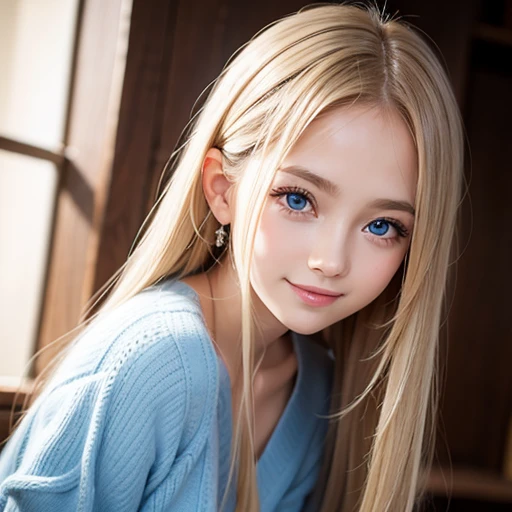 shiny skin、 Very cute and beautiful face、Very shiny and beautiful skin、Very beautiful and cute sexy pale blue eyes、beautiful very long shiny silky blonde hair、 little very beautiful cute girl、Beautiful cute bright look、Clear double eyelids、((Very happy smile))