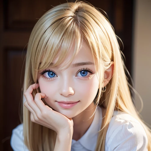 shiny skin、 Very cute and beautiful face、Very shiny and beautiful skin、Very beautiful and cute sexy pale blue eyes、beautiful very long shiny silky blonde hair、10 years old little very beautiful cute girl、Beautiful cute bright look、Clear double eyelids、((Very happy smile))