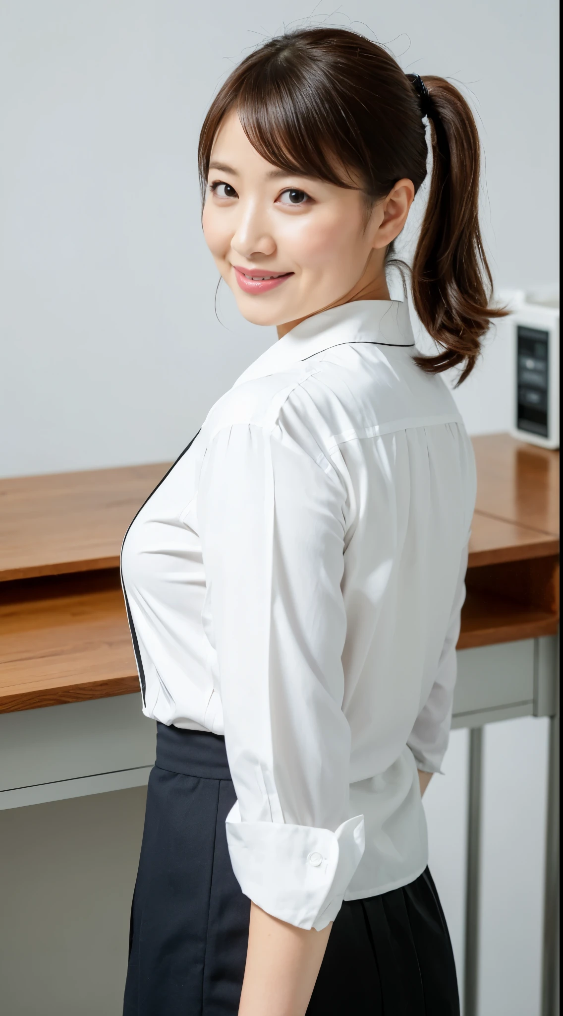 (Best quality, 8k, 32k, Masterpiece, UHD:1.2), from behind, 1 walking girl, beautiy Japanese office lady, (smile:0.5), (looking at the the viewer), 30 years old, bit chubby, white shirt, black skirt, office room, desk, (small breasts, buttocks:1.2), detailed beautiful face, wavy pony-tail hair, from below,