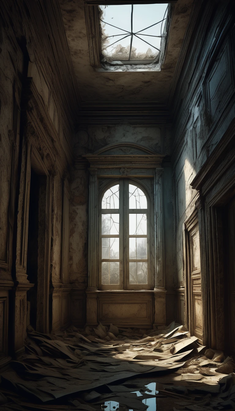 (Eerie Places, dirty, ruins, cobwebs), (dutch angle), (deep shadow), ultra detailed, Exquisite textures, high quality render, beautiful, aesthetic, 8k artistic photography, ultra realistic illustration, 16K, photorealistic concept art, high contrast, absurdres, masterpiece, best quality
