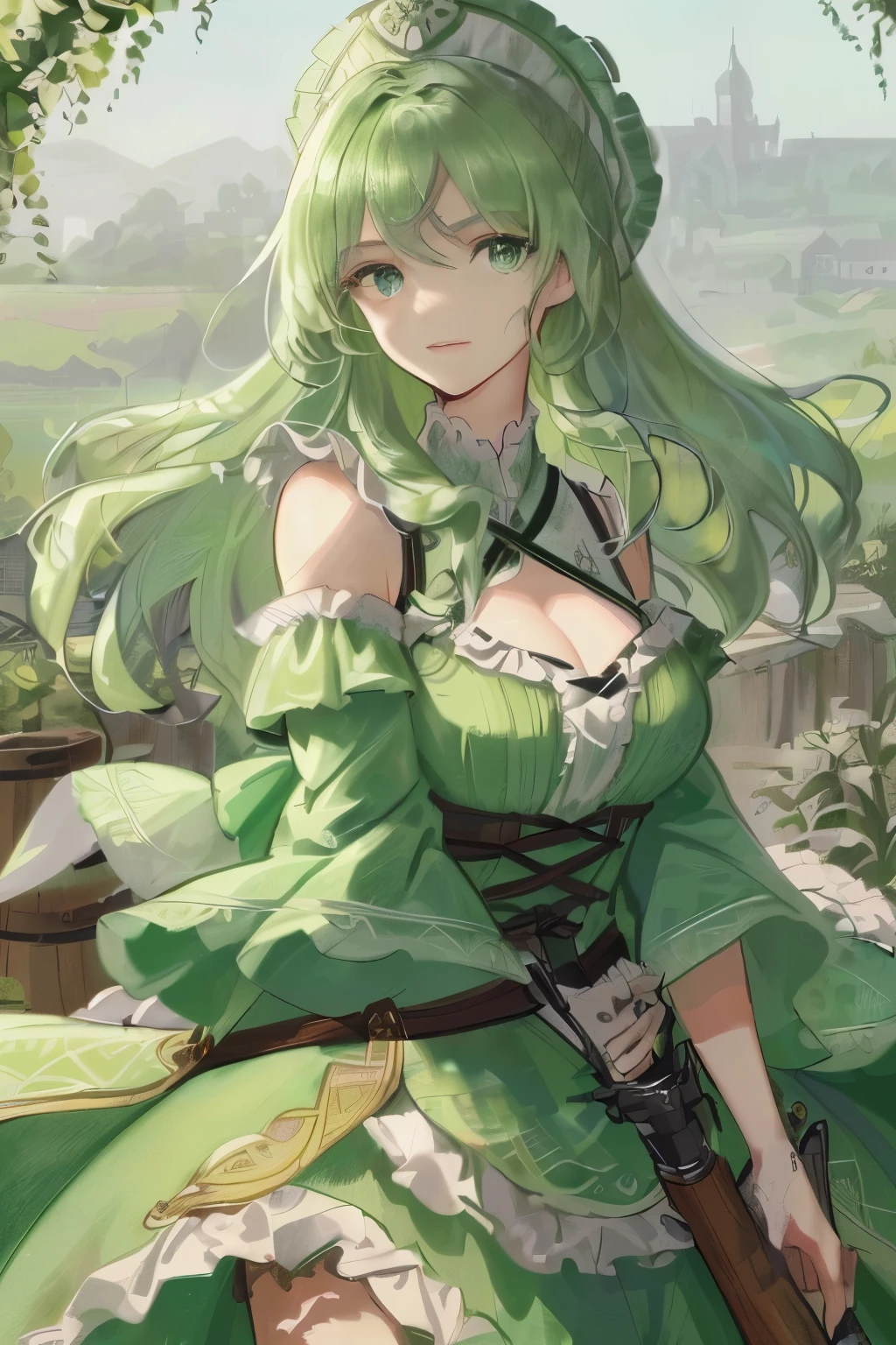 ((MAXIMUM DEFINITION): A girl, one person, standing before a simple background, clad in agriculture clothing, the fabric green and rustic. Her messy hair frames her face, the frills swaying gently with the breeze. In her hand, she holds a rifle, the barrel polished gleaming, and with a crossed arm, she scans the area, her gaze focused intently on the viewer. Her eyes, a vibrant green, are wide and open, a look of alertness and determination etched on her face. ((SUPER DETAILED ILLUSTRATION): The fabric of her clothing is intricately detailed, the stitching precise and well-worn,