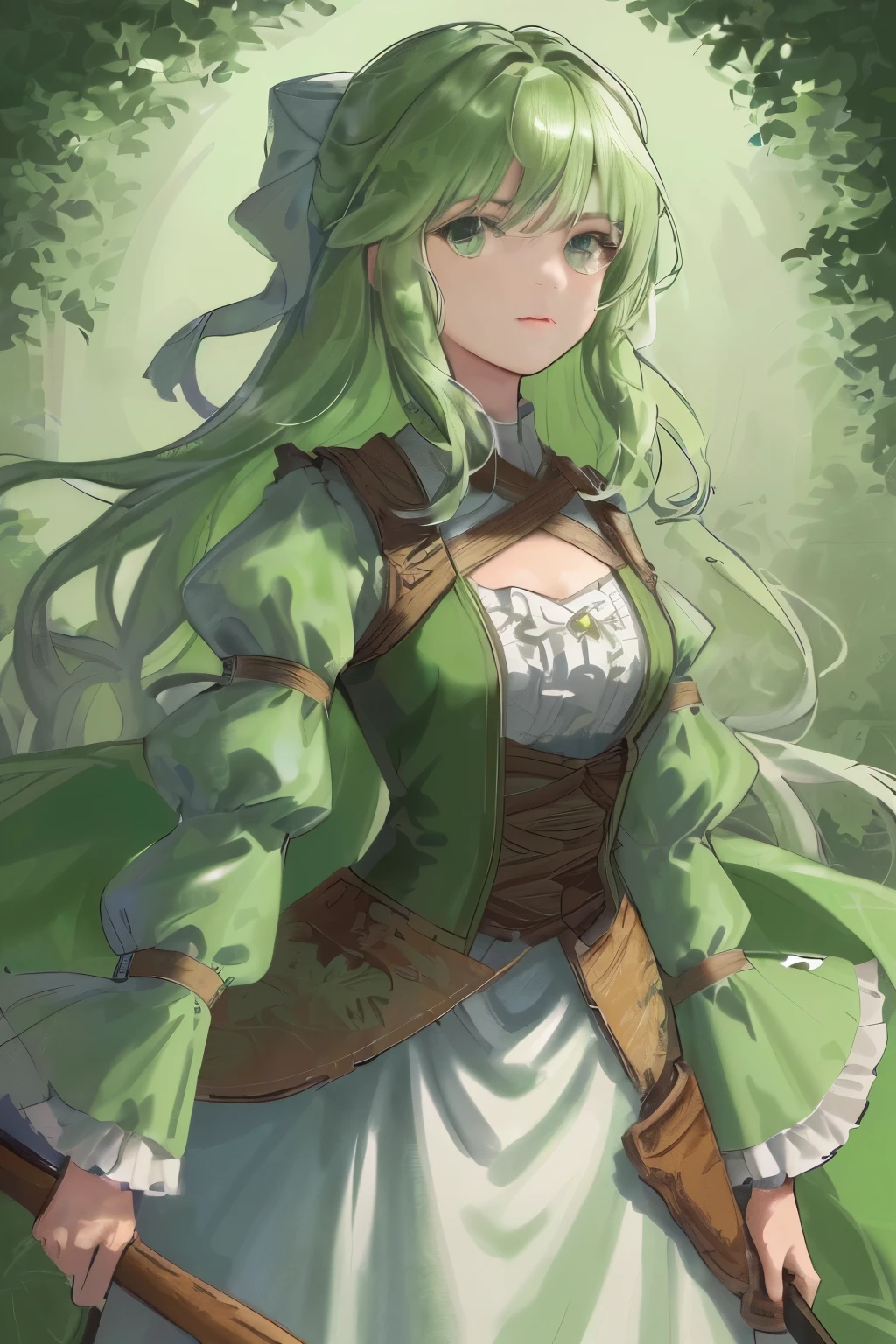 ((MAXIMUM DEFINITION): A girl, one person, standing before a simple background, clad in agriculture clothing, the fabric green and rustic. Her messy hair frames her face, the frills swaying gently with the breeze. In her hand, she holds a rifle, the barrel polished gleaming, and with a crossed arm, she scans the area, her gaze focused intently on the viewer. Her eyes, a vibrant green, are wide and open, a look of alertness and determination etched on her face. ((SUPER DETAILED ILLUSTRATION): The fabric of her clothing is intricately detailed, the stitching precise and well-worn,