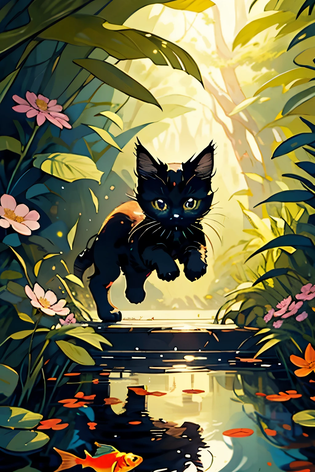 black kitten walks in the forest、kitten&#39;s eyes are big、find a pond、put your hand in the pond、goldfish swim in the pond、Flowers are blooming、fantastic scenery、colorful、Detailed kitten face、kitten jumps on goldfish