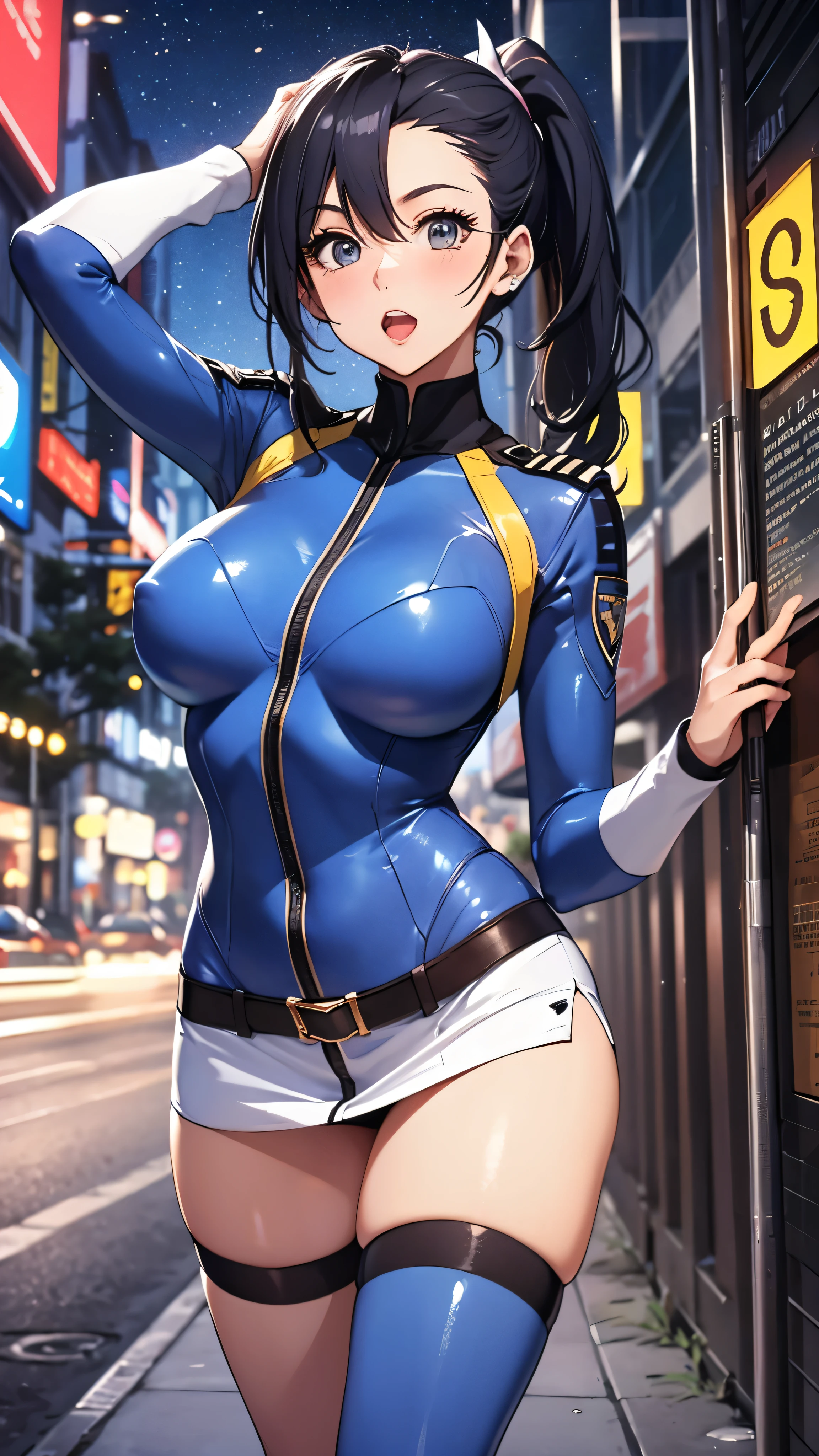 woman,25 years old,,city,night,(((white and blue tight miniskirt bodysuit))),,open mouth smile(())Glasses,((Beautiful long ponytail)),(()),blush、surprised face,((())),(())(()))
