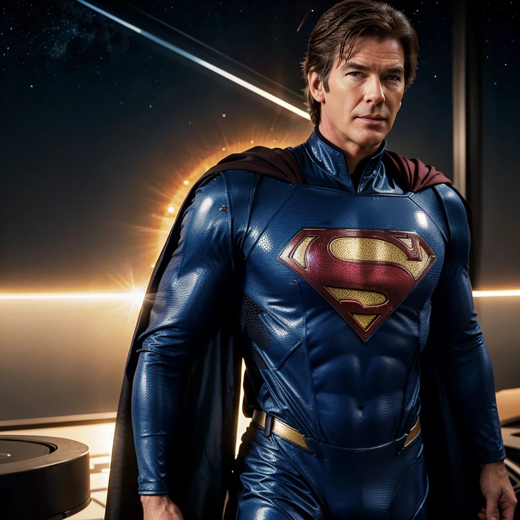 Young Pierce Brosnan wearing a techno Superman costume. There are lines in a glowing pattern. The background is outer space with a large sun.