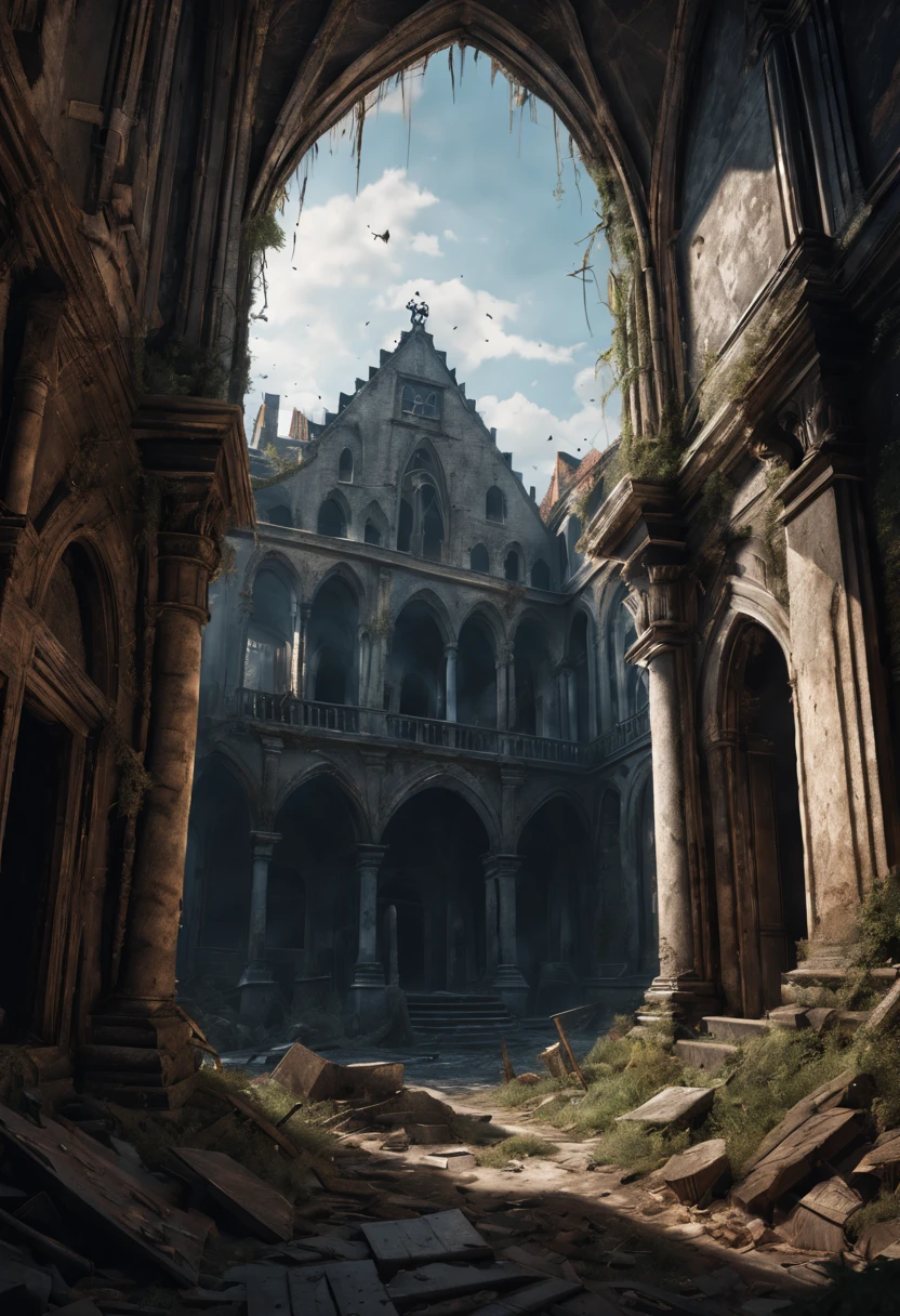 (Eerie Places, dirty, ruins, cobwebs), (dutch angle), (deep shadow), ultra detailed, Exquisite textures, high quality render, beautiful, aesthetic, 8k artistic photography, ultra realistic illustration, 16K, photorealistic concept art, high contrast, absurdres, masterpiece, best quality
