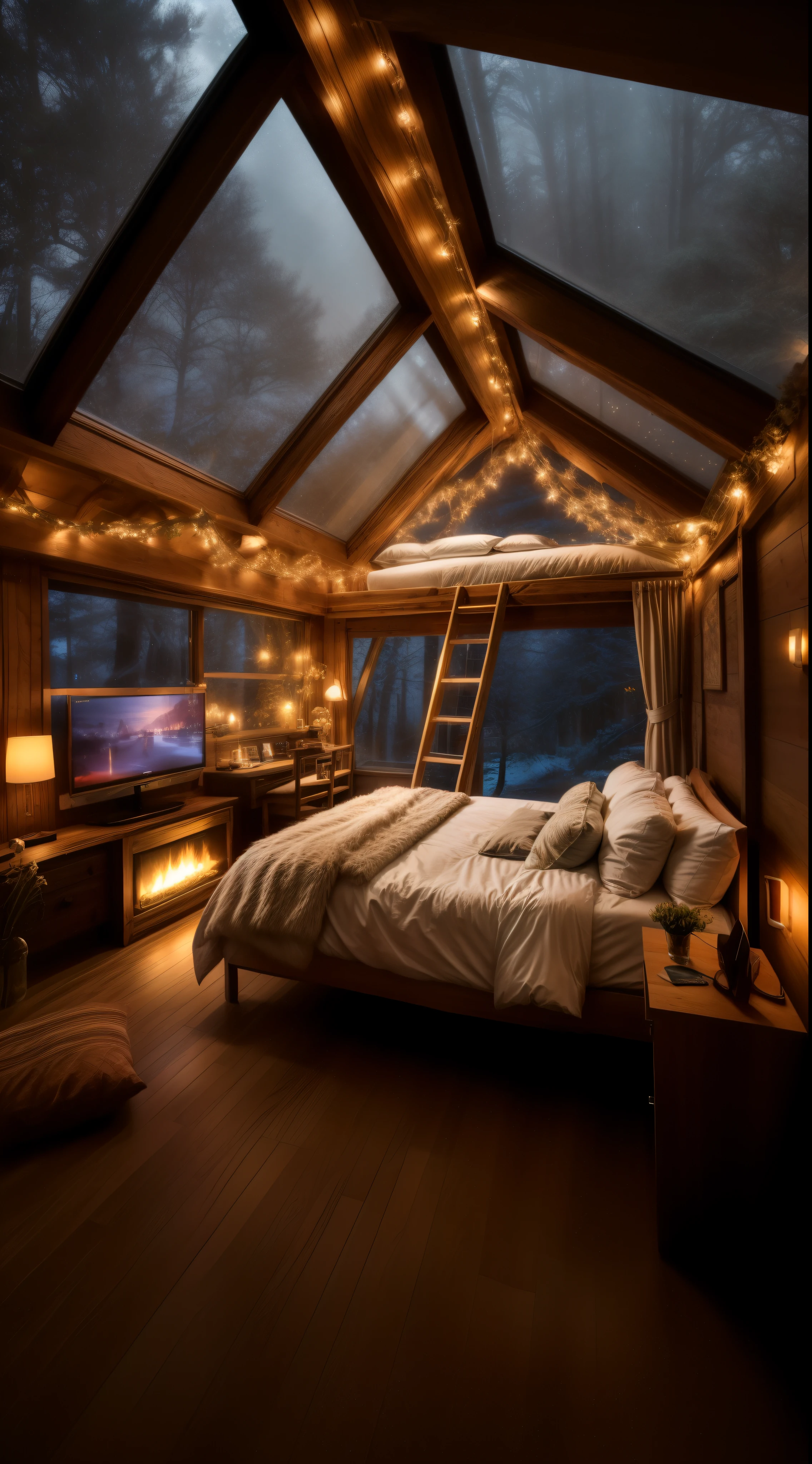 arafed bedroom with a bed and a ladder and a television, cozy room, cozy treehouse bedroom, cozy lights, cozy place, very magical and dreamy, cosy atmoshpere, cozy environment, cozy lighting, cosy vibes, cozy and calm, cozy and peaceful atmosphere, cozy aesthetic, cozy bed, designed for cozy aesthetics!, cozy atmospheric, cozy setting, cozy atmosphere