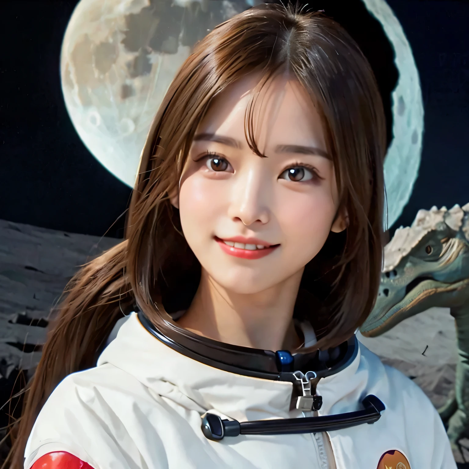 (Girl and dinosaurs on the moon:1.5) ,(landing on the moon:1.2),(dinosaurs:1.2),original photography,(ultimate beauty portrait、sparkling skin、1 girl、Smile、bright expression、brown hair、Big eyes sparkling like gems、Harajuku、24 year old beautiful girl),space suit,Flag of China ,Very detailed