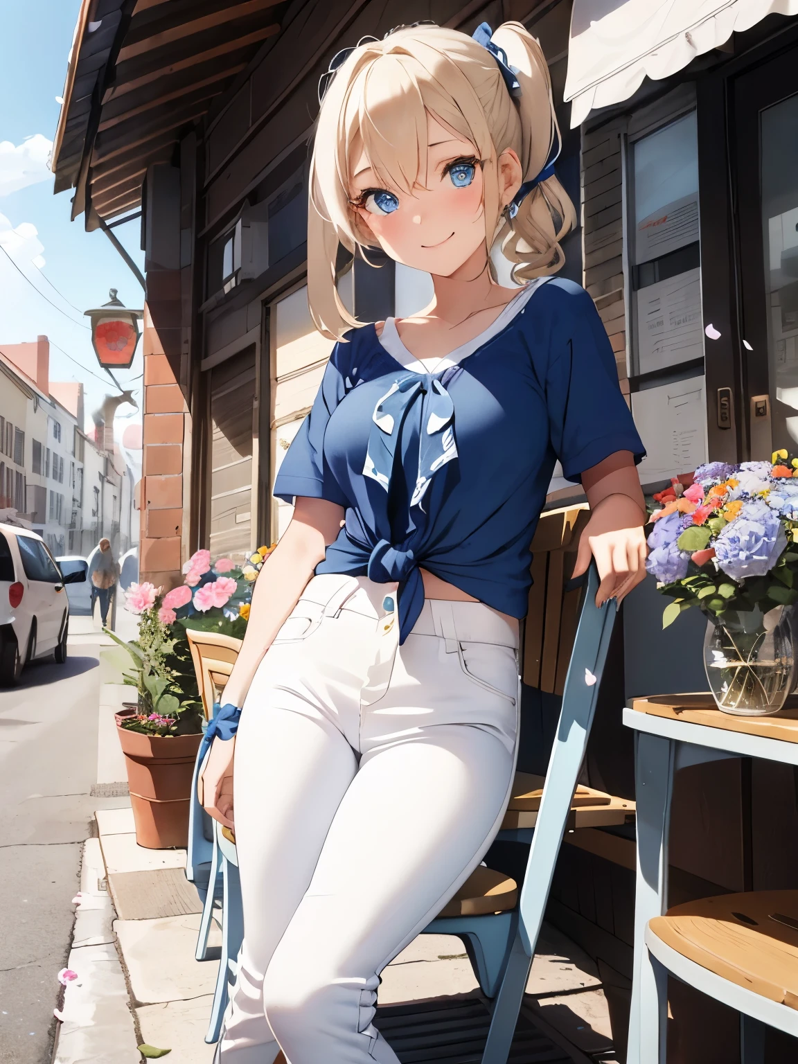 character//1 girl,(blonde),(Side ponytail from around the temporal lobe:1.3),((big blue ribbon in hair knot:1.2)),(Stardust phenomenon from faint hair),(Tsundere),((A confident and confident smile)),BREAK//((Casual and boyish clothing:1.3)),((skinny white pants:1.3)),BREAK//((Blue eyes that shine like jewels)),((Just a little bit of a gal:1.2)),((american girl)),((open terrace chairs:1.4)),((flowers and petals:1.2)),((blessing light and bell)),