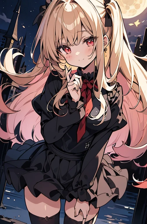 ((highest quality))、((８K))、((High resolution))、((masterpiece))、((Super detailed))、（One )、((Looking at the camera from the front))、((photo from the knees up))、((standing))、golden hair that shines golden、Red eyes that sparkle like jewels、beautiful and smooth long hair、Big, strong eyes、A triumphant smile、((Perfect and beautiful fingertips))、((School swimsuit with deep dark color))、Gothic Lolita with a noble atmosphere、(black stockings)、floating、moonlight、moonlight、Western cityscape、hair fluttering、Bewitching atmosphere