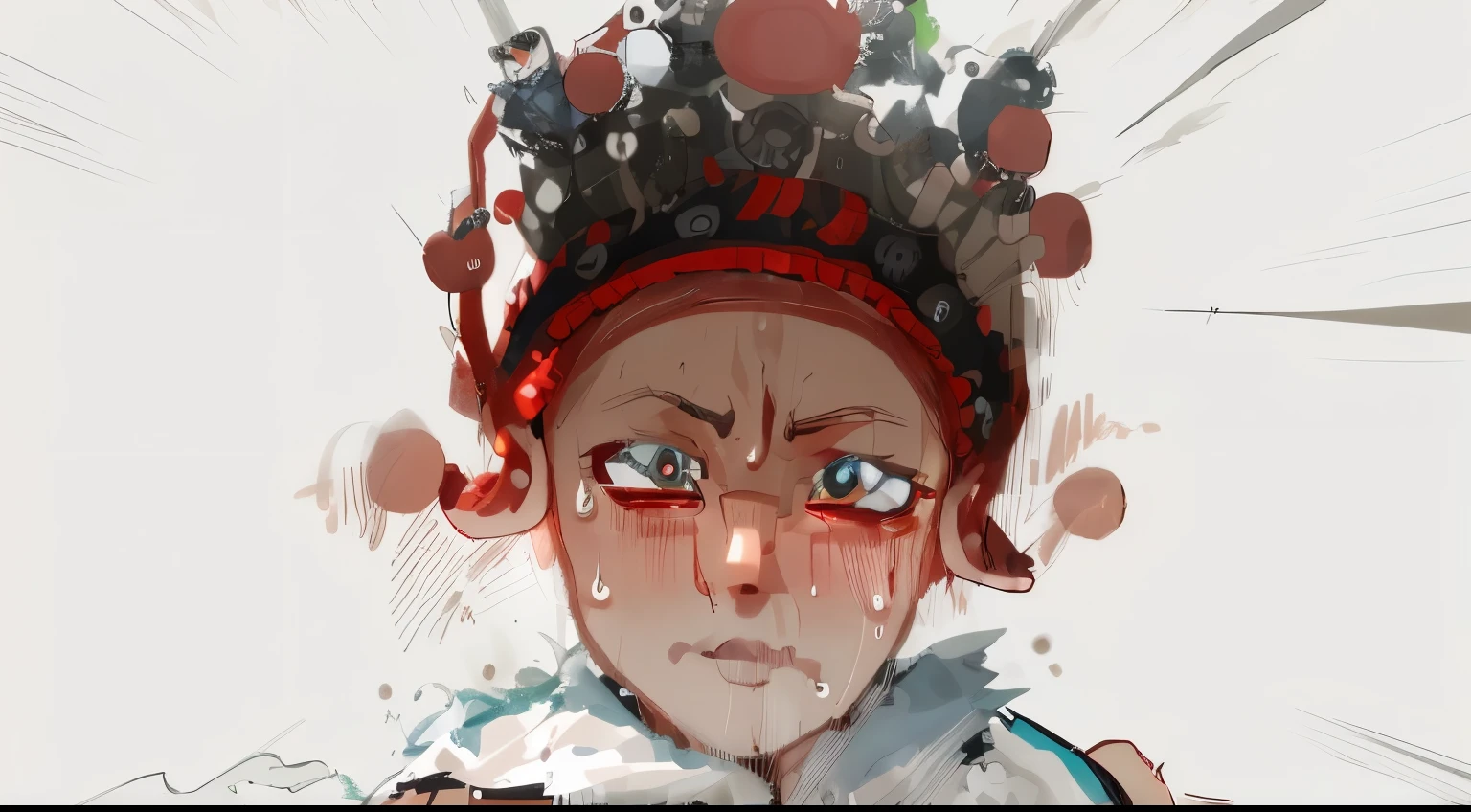 Eyes resolute,There was a drop of sweat falling from the corner of my forehead。Animation style