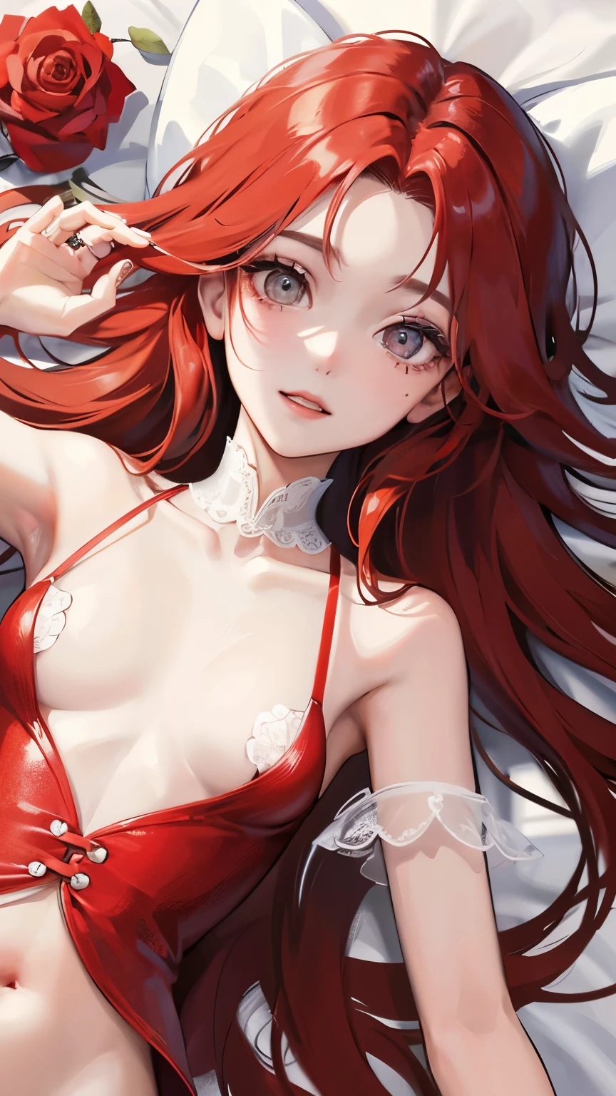 Red long hair, sunshine, masterpiece work, best quality, high resolution;,detail enhancement,best quality,perfect image quality,Beautiful and sexy, One-person viewpoint, small spots under the eyes , pretty, 큰 chest, 8K, ,chest 크게, pure white skin, chest, a lovely smile, Beloved, excitement, beautiful, gray eyes, My heart is pounding, Girlfriend, red hair, from the front, glamour, tempting, shy, innocent, lying in bed, rose petals, white blanket, fancy