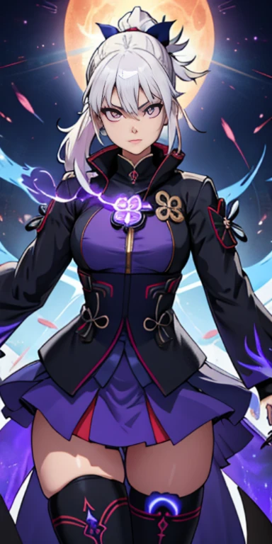 1girl, japanese clothes, ponytail ,white hair, purple eyes, magic circle, blue fire, blue flames, wallpaper, landscape, blood, blood splatter, depth of field, night, light particles, light rays, sidelighting, thighs, fate \(series\), genshin impact, ****, open jacket, skirt, thighhighs, cloud