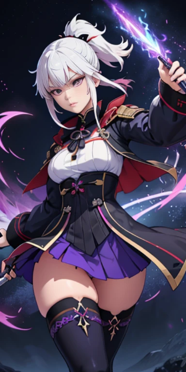 1girl, japanese clothes, ponytail ,white hair, purple eyes, magic circle, blue fire, blue flames, wallpaper, landscape, blood, blood splatter, depth of field, night, light particles, light rays, sidelighting, thighs, fate \(series\), genshin impact, ****, open jacket, skirt, thighhighs, cloud